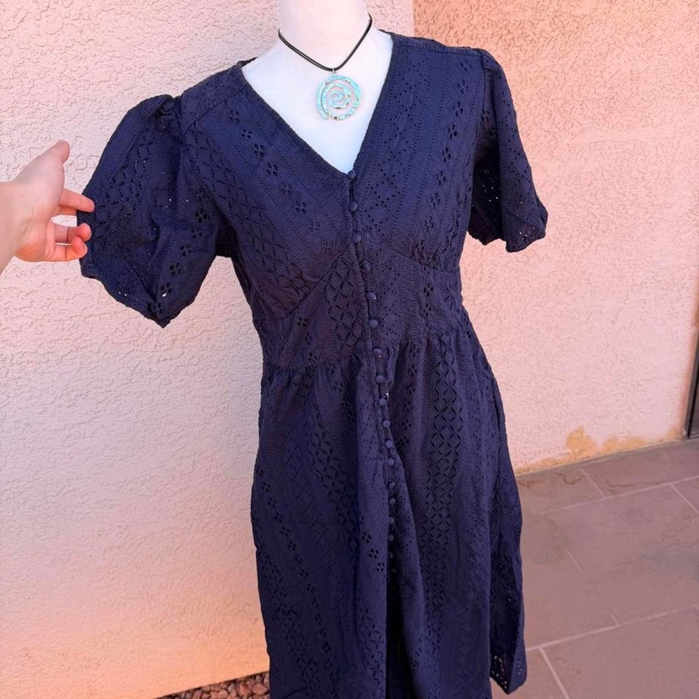 Navy blue eyelet button up dress with puffy sleeves - Picture 1 of 8